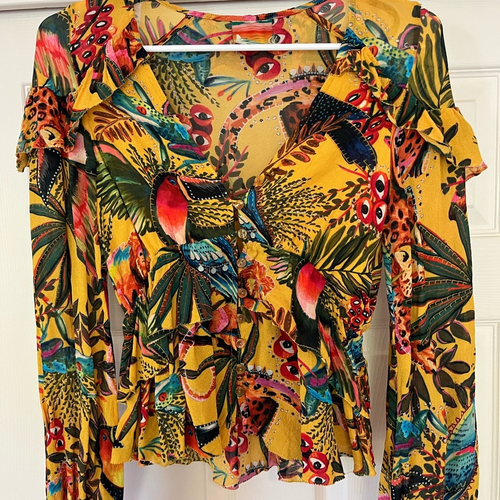 FARM Rio Yellow Gold Ruffled Fitted Blouse
